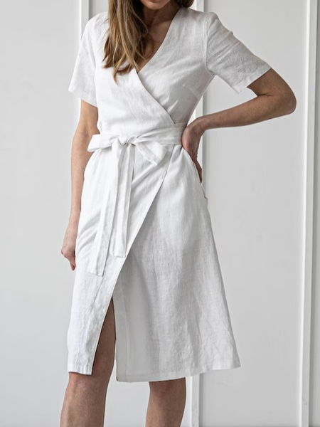 

Linen Cotton Loose V Neck Dress, White, Mini Dresses