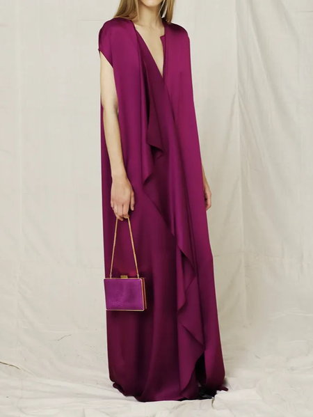 

V Neck Plain Elegant Loose Dress, Red, Maxi Dresses