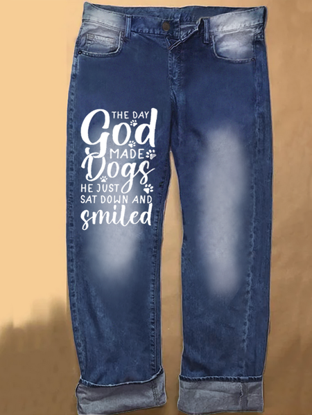 

Women's Dog Lover Letters Casual Printed Jeans, Blue, Jeans