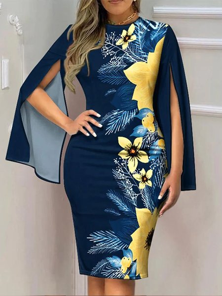 

Regular Fit Vacation Floral Crew Neck Split Sleeves Dress, Deep blue, Mini Dresses