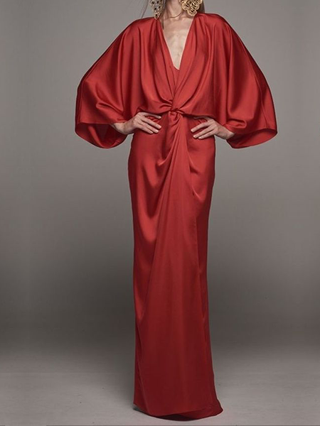 

Loose Elegant V neck Three Quarter Plain Long Dress, Red, Maxi Dresses