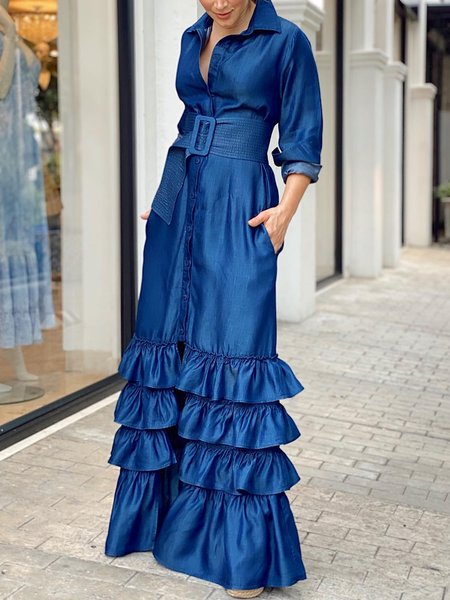 

Urban Regular Fit Shirt Collar Maxi Dress, Blue, Maxi Dresses