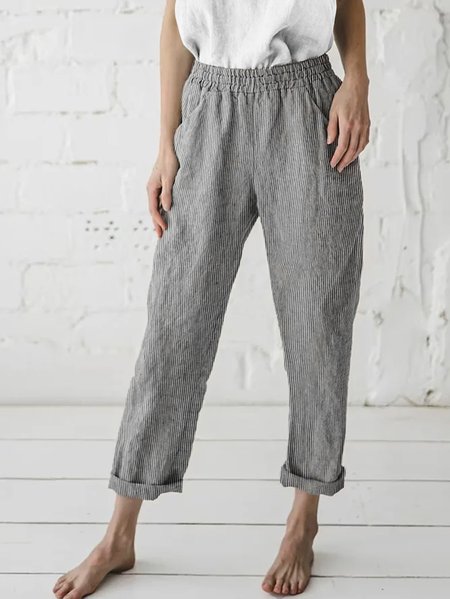 

Casual Gray Linen Pants Elastic Waisted Straight Trousers with Pockets, Pants