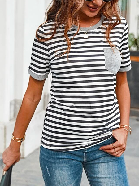 

Casual Loose Striped Print Round Neck T-Shirt, Black-white, T-Shirts