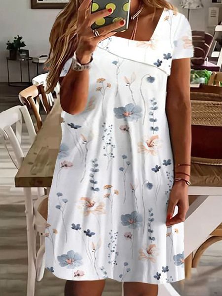 

Plus Size Casual Jersey Floral Split Joint Dress, White, Dresses