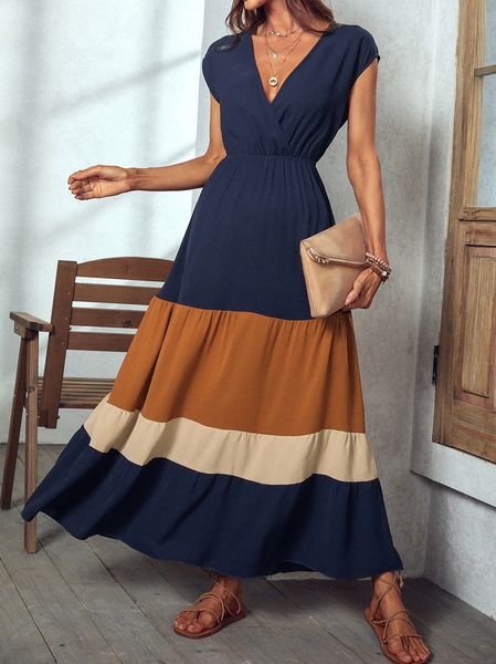 

Colorblock Casual V Neck Loose Dress, Blue, Dresses
