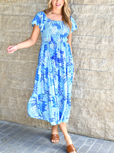 

Square Neck Floral Loose Vacation Dress, Blue, Dresses