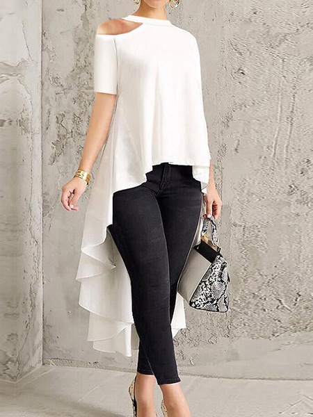 

Loose Urban Plain Crew Neck Short sleeve Mid-long Shirt, White, Blouses and Shirts