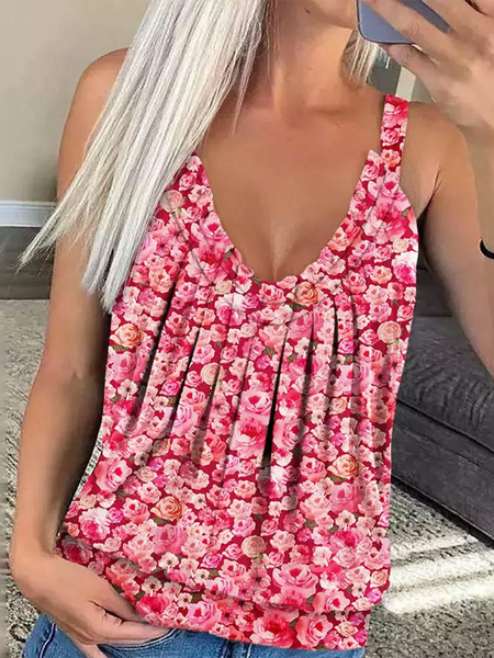 

Floral Casual V Neck Loose Tank Top, Red, Tanks & Camis