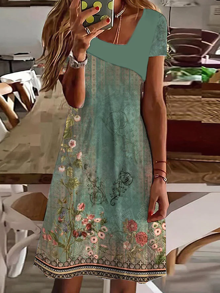 

Asymmetrical Loose Floral Casual Dress, Green, Dresses