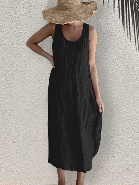 

Sleeveless Crew Neck Plain Summer Vacation Cotton And Linen Casual Loose Dress, Black, Midi Dresses
