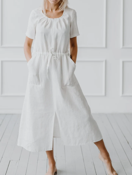 

Crew Neck Plain Loose Linen Dress, White, Midi Dresses