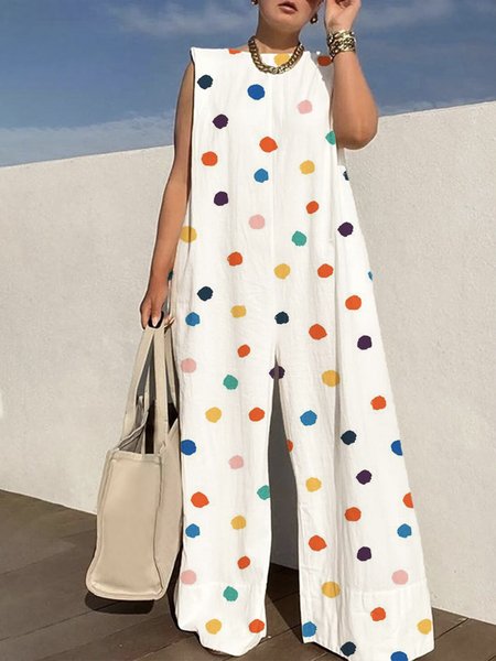 

Boat Neck Casual Polka Dots Jumpsuit, White, Jumpsuits