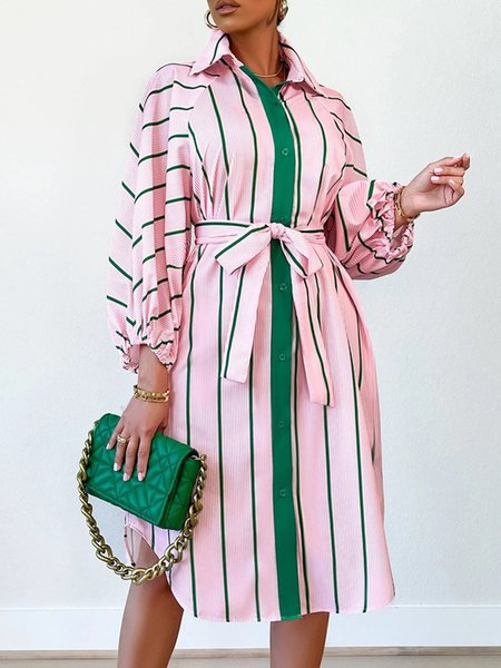 

Plus Size Shirt Collar Elegant Striped Dress, Pink, Dresses