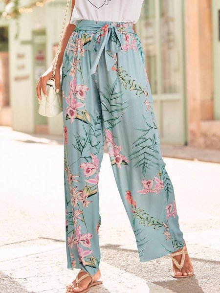 

Loose Vacation Floral Pants, Blue, Pants