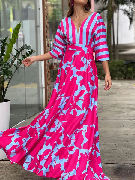 

Loose V Neck Three Quarter Elegant Long Dress, Red, Maxi Dresses