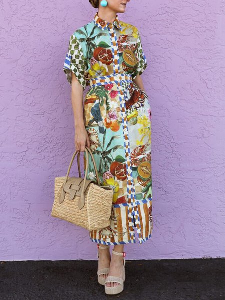 

Tropical Regular Fit Shirt Collar Vacation Midi Dress, As picture, Midi Dresses