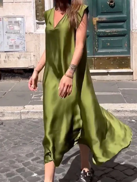 

Elegant Loose V Neck Plain Dress, Yellow, Midi Dresses