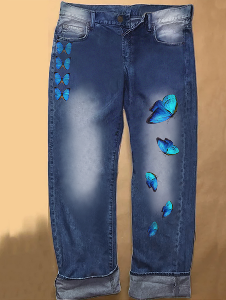 

Womens Butterfly Casual Printed Jeans, Blue, Jeans
