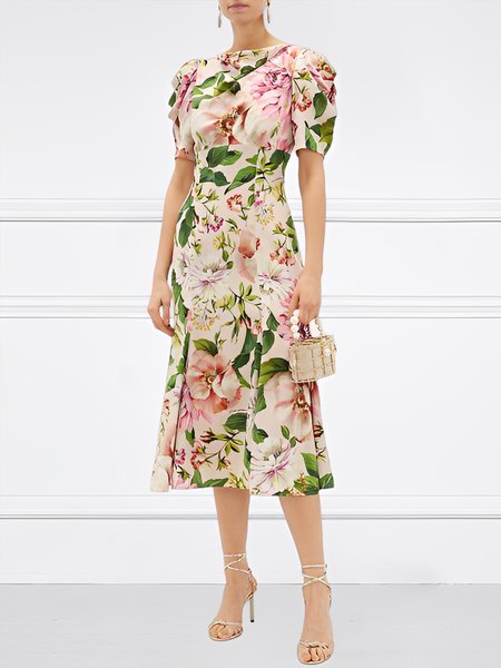 Vacation Floral Print Short Sleeve Dress, As picture, Midi Dresses