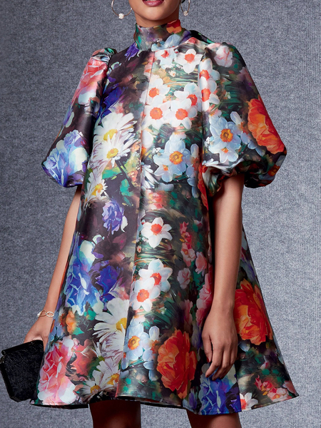 

Plus Size Stand Collar Short sleeve Elegant Floral Loose Skirt Dress, As picture, Plus Dresses