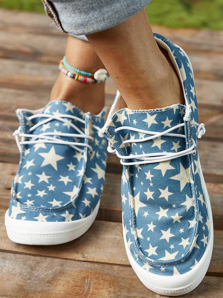 Star Graphic-Print Denim Lace-Up Canvas Flats, Color2, Sneakers