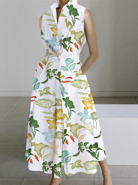 

Regular Fit Urban Shirt Collar Floral Dress, Green, Midi Dresses