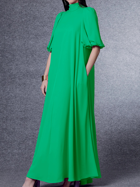 

Plain Loose Stand Collar Short sleeve Elegant Long Dress, Green, Maxi Dresses