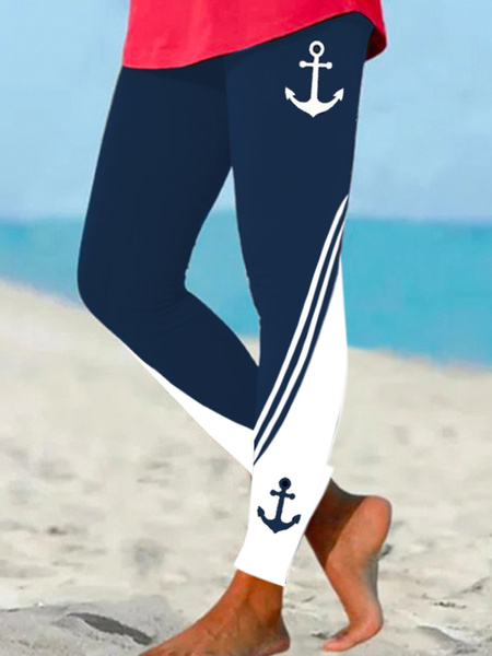 

Plus Size Printing Vacation Color Block Leggings, White-blue, Leggings