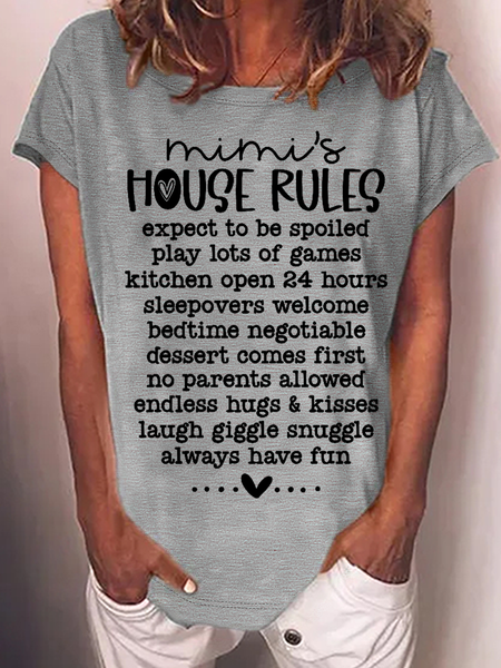 

Women's Grandma Funny Word Mimi's House Rules Crew Neck Casual T-Shirt, Gray, T-shirts