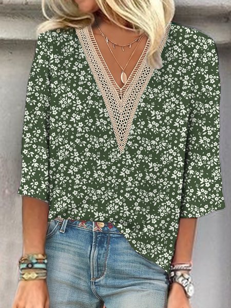 

V neck Lace Casual Floral Loose Shirt, Green, Shirts & Blouses