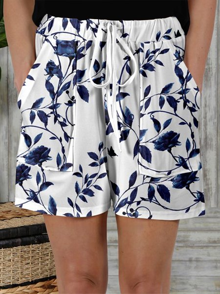 

Casual Loose Floral Drawstring Shorts, Dark blue, Shorts