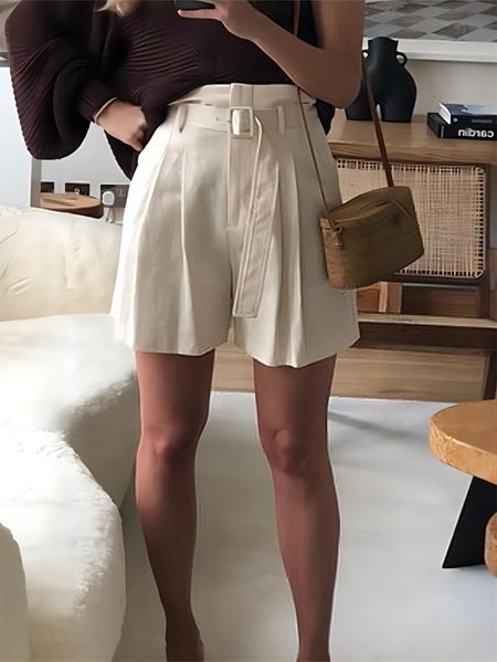 

Casual Loose Regular Size No Elasticity Shorts, White, Shorts