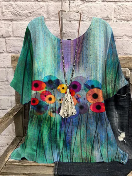 

Crew Neck Floral Casual Loose Shirt, Green, Shirts & Blouses
