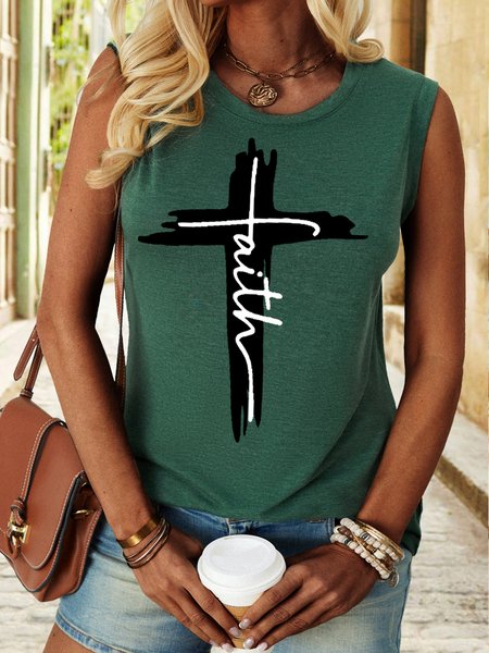 

Women's Faith Cross Letters Casual Tank Top, Green, Tank Tops