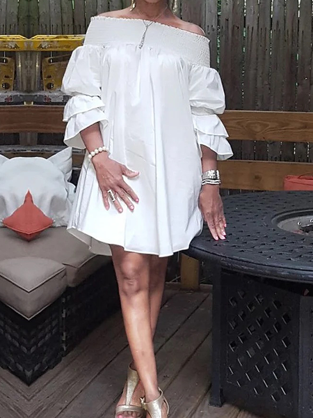 

Plus Size Elegant Plain Short sleeve Cold Shoulder Loose Skirt Dress, White, Plus Dresses