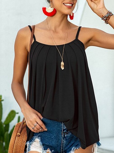 

Spaghetti Casual Plain Loose Pleated Swing Cami, Black, Tanks & Camis
