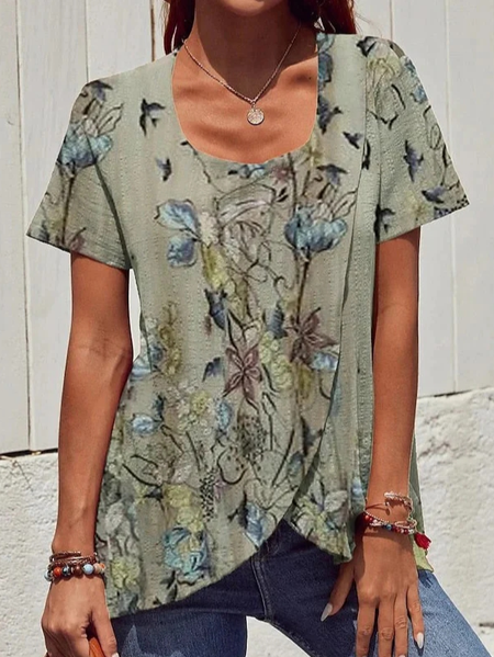 

Crew Neck Floral Casual Shirt, Lightgreen, Shirts & Blouses