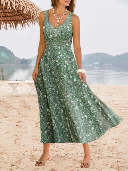 

Boho Disty Floral Regular Fit V Neck Dress, Green, Dresses