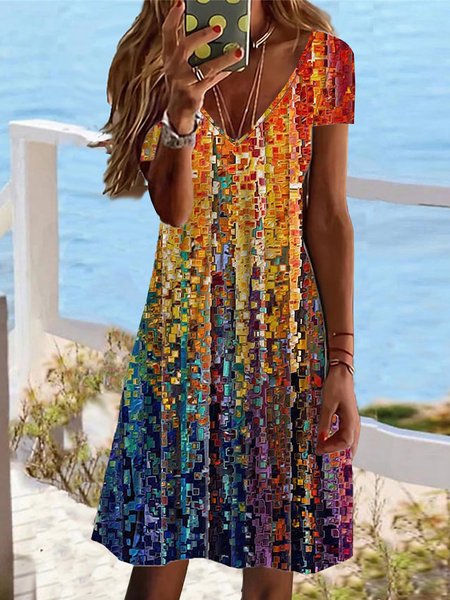 

V Neck Loose Casual Dress, Multicolor, Short