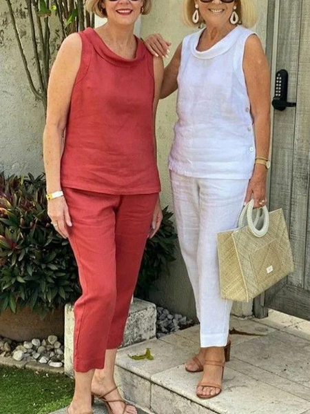 

Summer Outfits Casual White Linen Suits Button Cowl Neck Sleeveless Tank Top and Comfy Pants Two-Piece Sets, Suits