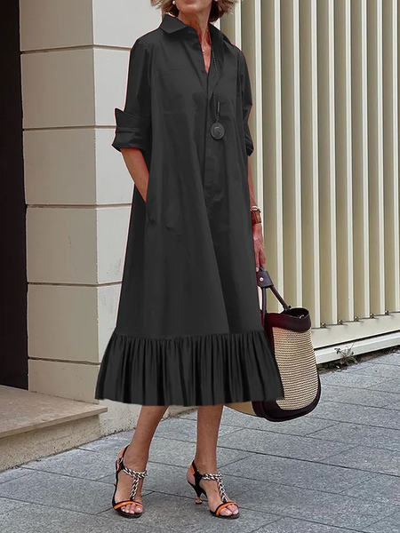 

Plus Size Loose Long sleeve Shirt Collar Urban Plain Midi Dress, Black, Plus Dresses