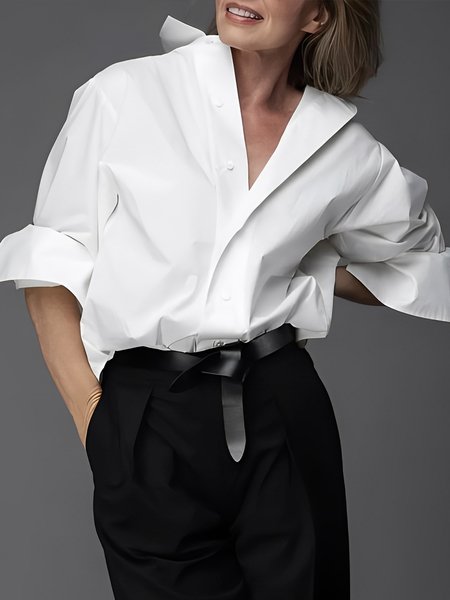 

Plain Simple Loose Urban Shirt Collar Blouse, White, Blouses and Shirts