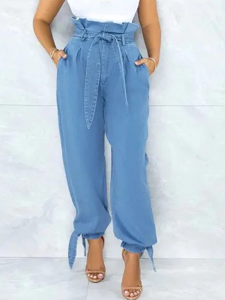 

Urban No Elasticity Loose Plain Long Jeans, Denim blue, Jeans