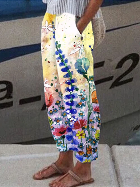 

Women'S Vintage Floral Print Wide-Leg Pants, Yellow, Pants