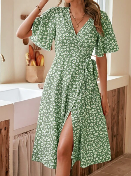 

Floral Loose Vacation Dress, Green, Dresses