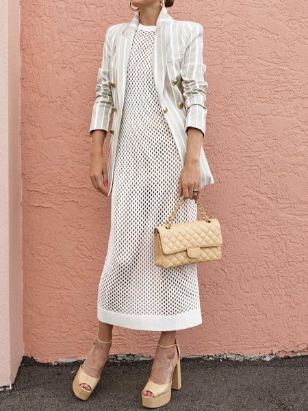 

Plain Regular Fit Urban Sleeveless Crew Neck Midi Dress, White, Midi Dresses