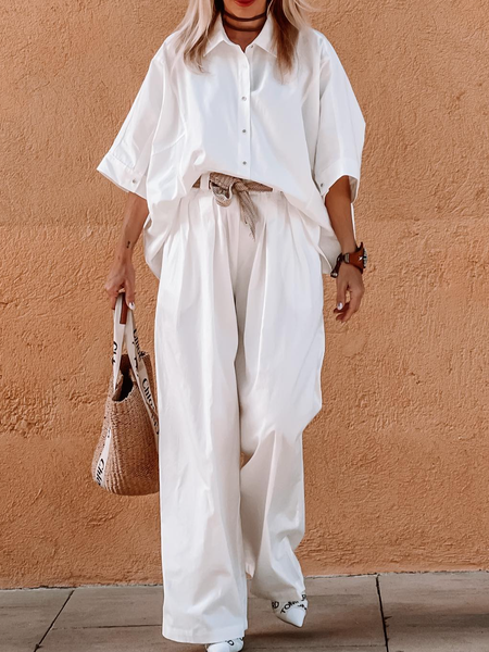 

women's two piece casual shirt suit, White, Suits