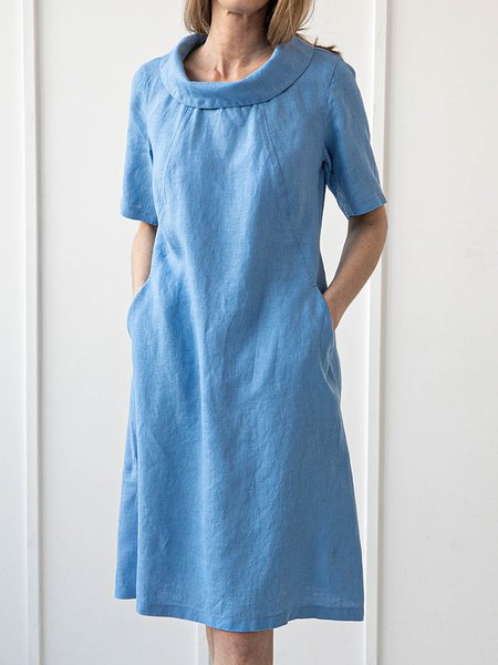 

Women Casual Elegant Cowl Neck Pockets Half sleeve Cotton Linen Dress, Blue, Mini Dresses