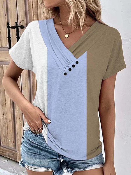 

Color Block Casual V Neck Shirt, Khaki, Shirts & Blouses